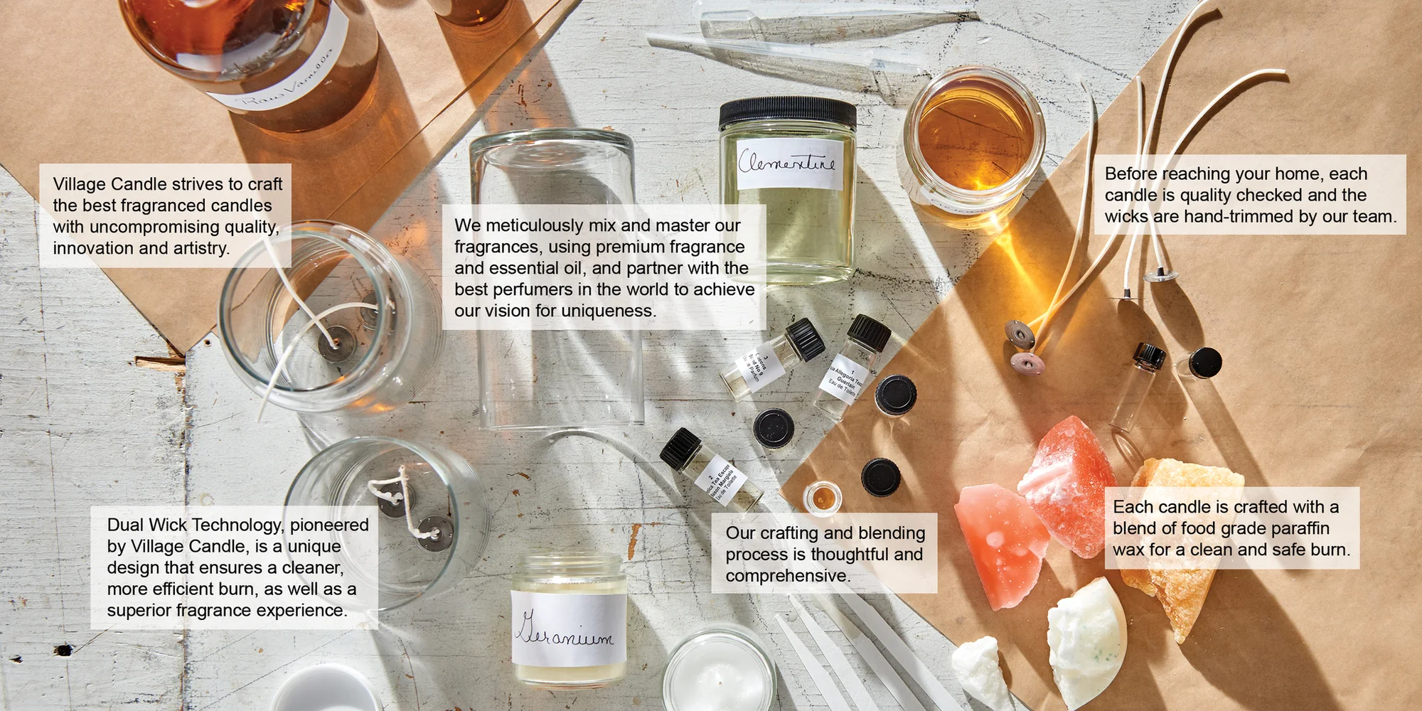 The Village Candle blending bench: fragrance oil bottles, wax, salt crystals and hand-labelled glasses on white boards