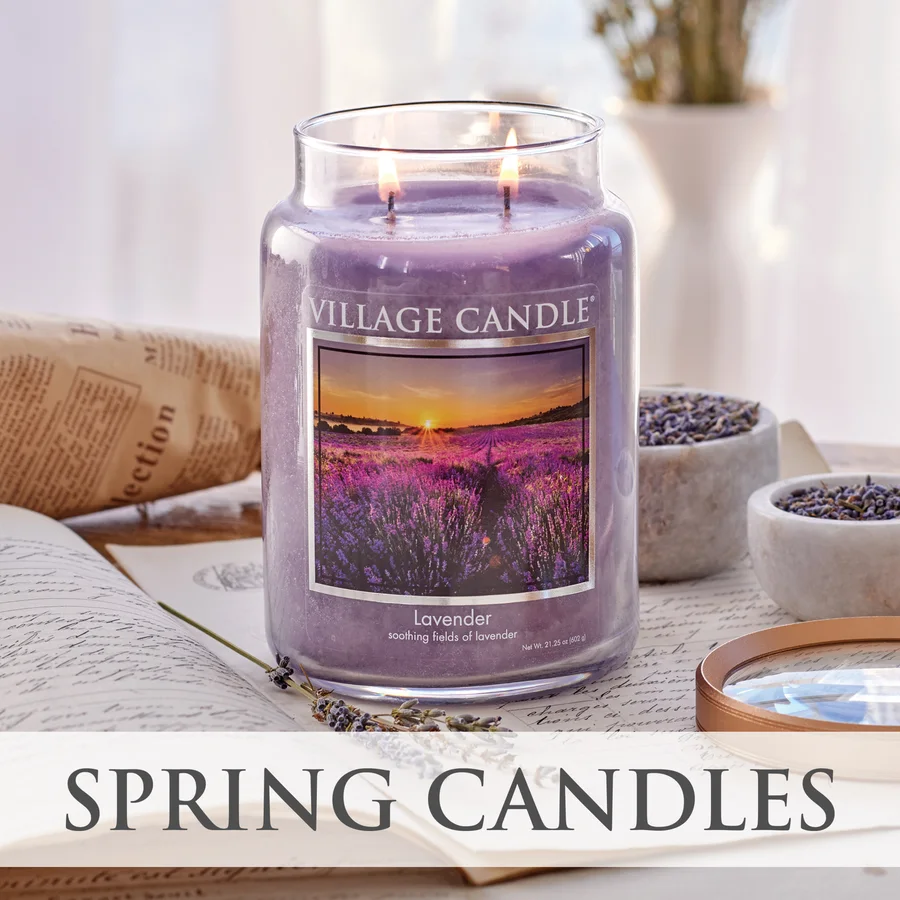 Lavender jar candle with dried lavender sprigs, captioned Spring Candles
