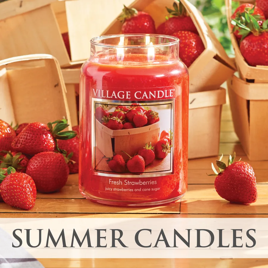 Fresh Strawberries jar candle among berry baskets, captioned Summer Candles